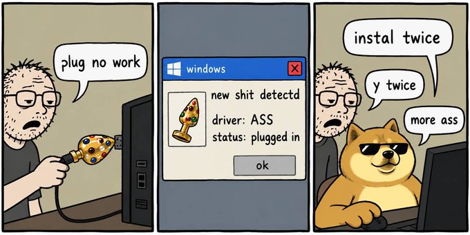 A three-panel meme comic featuring a man troubleshooting a USB plug issue with humorous Windows error messages about a 'new shit detected' driver labeled 'ASS'.