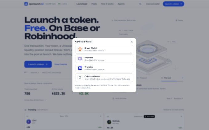 The image shows the openlaunch.lol homepage with a "Connect a wallet" modal displaying options including Brave Wallet, Phantom, TronLink, and Coinbase Wallet, supporting the post's note about launching a token using Coinbase Wallet.