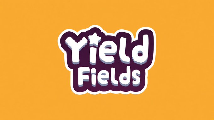 A logo reading 'Yield Fields' in white and dark purple bubble letters with a star above the 'i', set against a solid orange background.