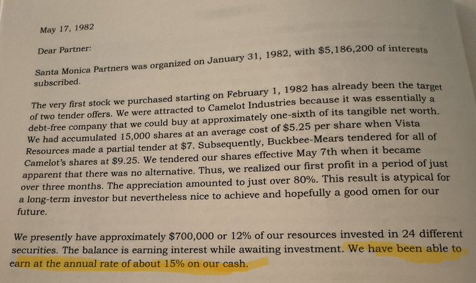 A letter dated May 17, 1982, from Santa Monica Partners, detailing past stock purchases; a highlighted section at the bottom states 'We have been able to earn at the annual rate of about 15% on our cash.'