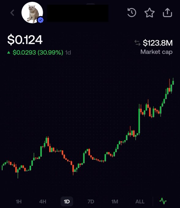 A cryptocurrency chart showing the "Cashcat" token priced at $0.124, up 30.99% ($0.0293) in the past day, with a market cap of $123.8M and a candlestick pattern displaying a strong upward trend—visually confirming the poster's celebration of reaching a $125M market cap milestone.