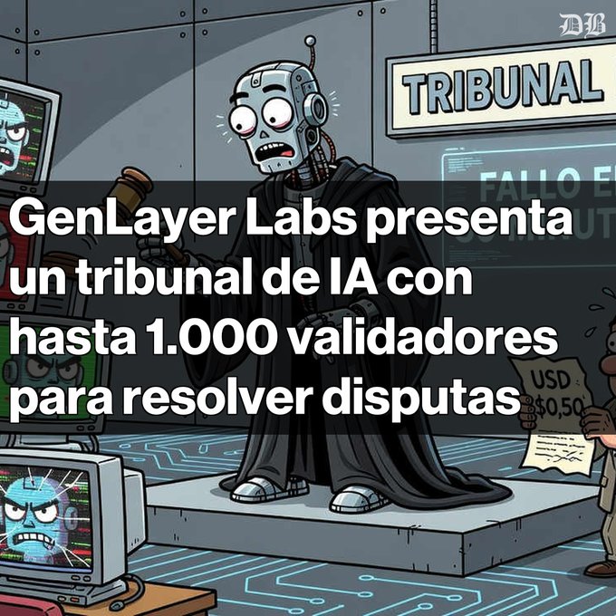 A cartoon illustration of a robot judge in a courtroom with 'TRIBUNAL' signage, overlaid with Spanish text reading 'GenLayer Labs presenta un tribunal de IA con hasta 1.000 validadores para resolver disputas'.