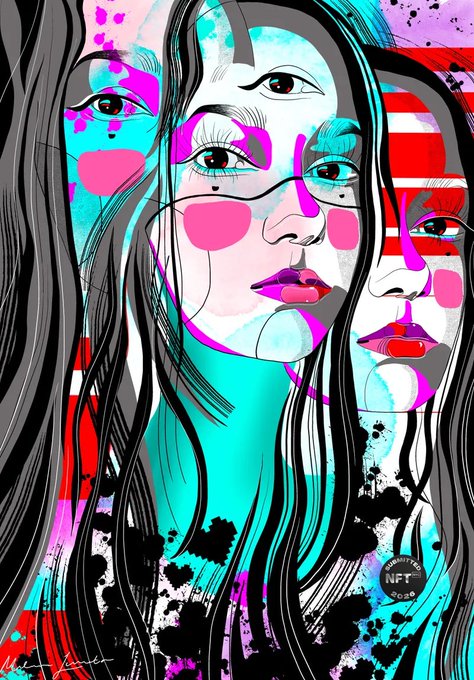 A vibrant, multi-colored digital illustration of overlapping female faces with flowing black hair, featuring a 'COMPUTER NFT CLUB' logo in the corner.