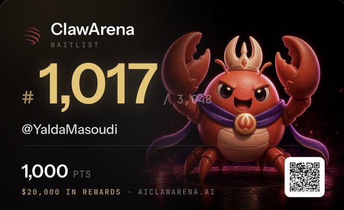 A 'ClawArena WAITLIST' card showing position #1,017 for user '@YaldaMasoudi' with 1,000 PTS and '$20,000 IN REWARDS,' featuring a red crab mascot wearing a crown and cape with a QR code.