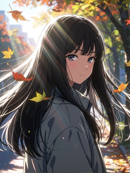 An anime-style illustration of a girl with long black hair and blue eyes, looking over her shoulder amid falling autumn leaves and sunlight rays.