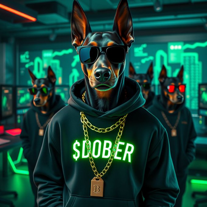 An AI-created image of Doberman dogs wearing sunglasses and hoodies with glowing '$DOBER' text, gold chains, and a 'B' pendant, standing in a neon-lit cybernetic environment.