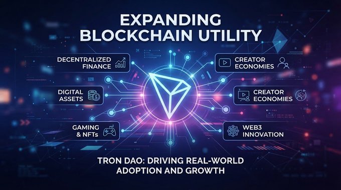 A digital marketing graphic titled 'EXPANDING BLOCKCHAIN UTILITY' with 'TRON DAO: DRIVING REAL-WORLD ADOPTION AND GROWTH', showing a central Tron logo surrounded by categories like Decentralized Finance, Digital Assets, and Creator Economies.