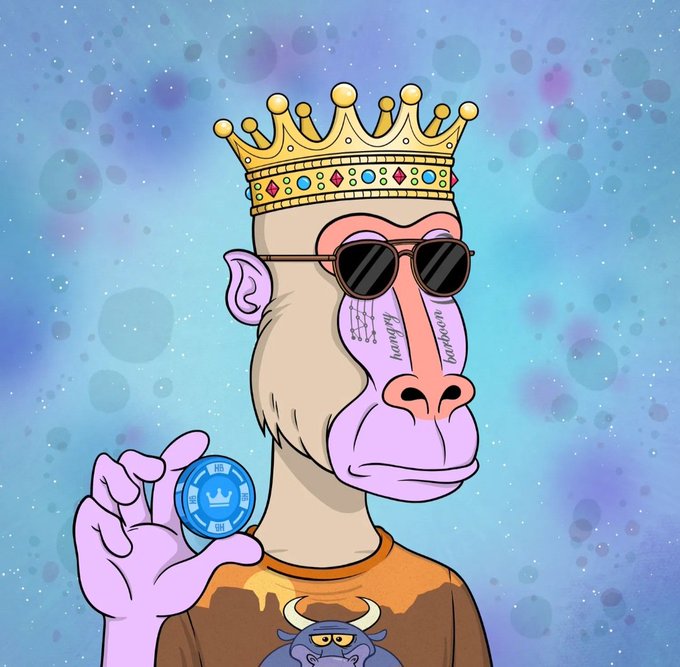 A cartoon illustration of a monkey wearing a golden crown and sunglasses, holding up a blue crypto coin against a starry blue background.