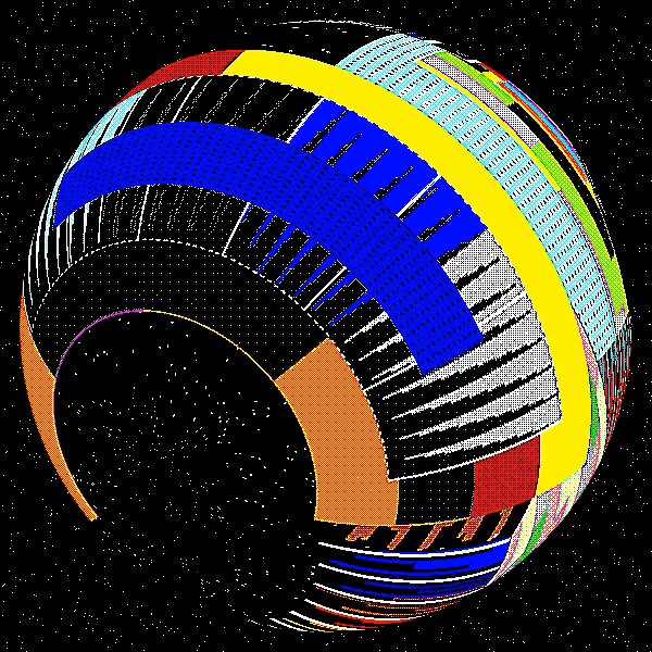 The image features a colorful, abstract globe with various shades of blue, orange, yellow, green, red, and black. The globe appears to be floating in space or suspended from the ceiling due to its unique design. The background of the image is dark, which contrasts with the vibrant colors of the globe and makes it stand out even more. The post includes a link to an article about clown boxes that are open on @objktcom.