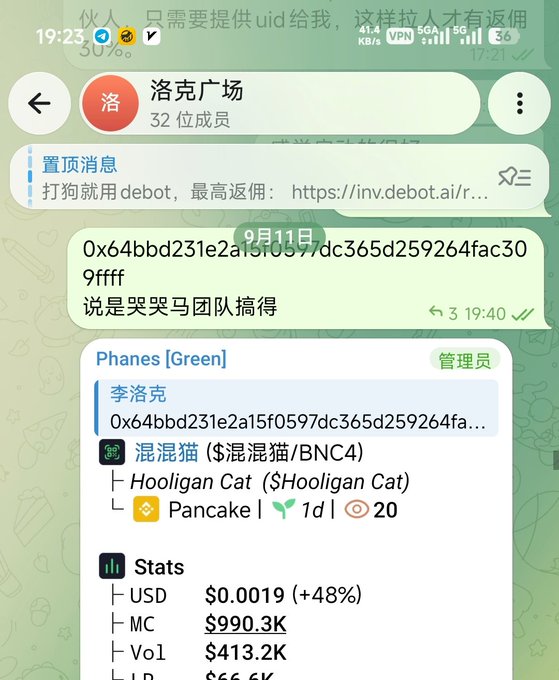 A screenshot of a Telegram chat in the group "洛克广场" showing a message about a "Li Loog" token with the contract address "0x64bbd231e2a15f0597dc365d259264fac309ffff" and stats for "Hooligan Cat" on PancakeSwap.