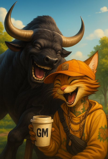 A digital illustration of a laughing orange tabby cat wearing an orange cap, gold chains, and a hoodie, holding a 'GM' coffee cup while being embraced by a laughing black bull in a field.