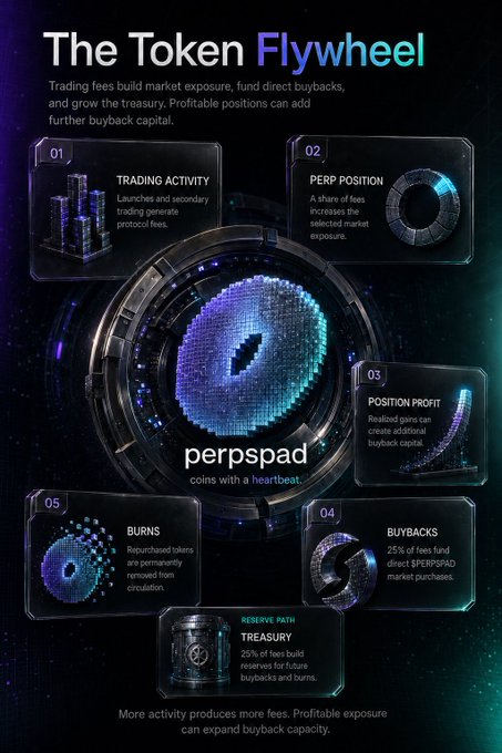 This infographic illustrates "The Token Flywheel" by Perpspad, showing how trading activity, perp positions, profits, buybacks, and burns create a self-sustaining ecosystem. The visual connects to the post's message about building momentum through trading activity to spin the flywheel.