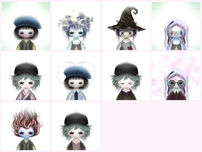 A grid of 10 small, stylized character portraits with dreamy, pastel-toned designs featuring various hats, hair colors, and expressions, representing a collection of PYO (Prove Your Ownership) NFT characters. The image illustrates the post's announcement of acquiring 10 PYO characters for 0.5801 ETH, showcasing the variety within the adopted collection.