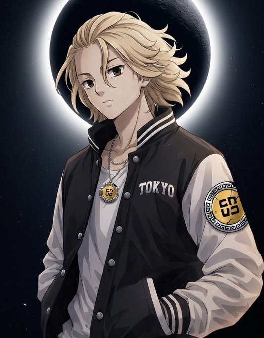 An anime-style illustration of a blonde-haired male character wearing a black and white 'TOKYO' varsity jacket with 'SS' emblems, set against a dark background with a glowing circular shape.