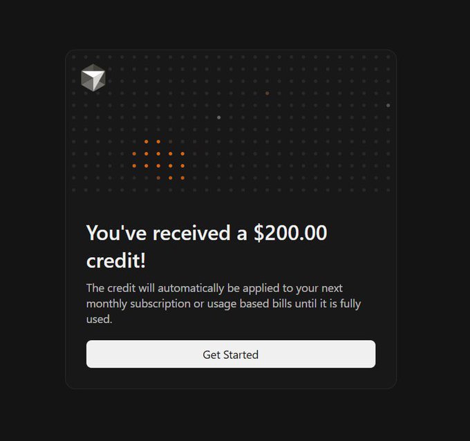 A dark-themed notification card featuring a 3D cube logo and orange dot pattern displays the message "You've received a $200.00 credit!" with text explaining it will be applied to monthly subscription or usage-based bills, alongside a white "Get Started" button. The notification directly corresponds to the post, confirming the $200 credit reward that was spent on Grok Bot and the cloud PC via phone.