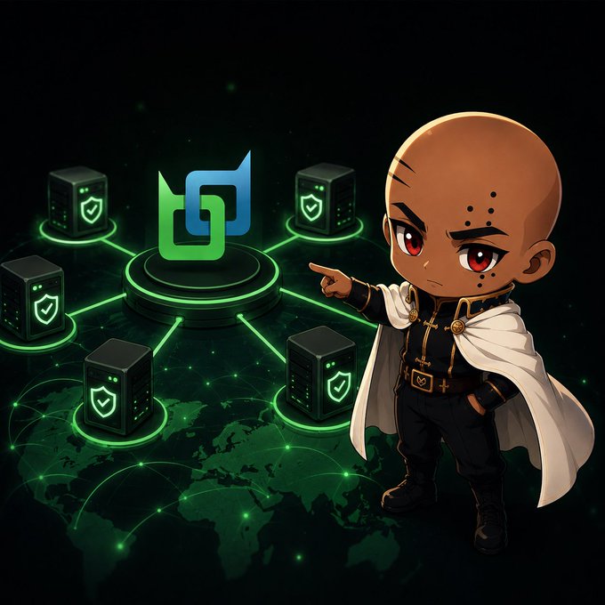 A chibi-style character with a white cape pointing toward green-lit server towers connected to a central logo, set against a world map background.