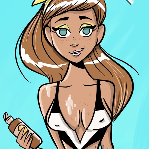 A stylized cartoon illustration of a young woman with brown hair wearing a black and white bikini, holding a brown bottle, with what appears to be a liquid splashing on her chest.