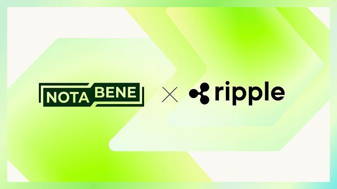 The image displays a partnership announcement featuring the Nota Bene logo alongside Ripple's logo, separated by an "×" symbol, set against a green gradient background. This visual reinforces the post's message that Ripple has invested in Nota Bene, the compliance platform now powering regulated on-chain payments including RLUSD transactions.