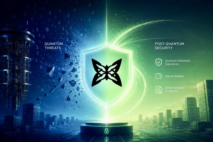 The image features a butterfly-shaped shield with a green background, surrounded by blue and white elements that represent data and information security threats. The butterfly symbolizes the importance of protecting sensitive information from potential threats or attacks. The text "Post Quantum Cryptography" suggests that this is related to quantum computing and cryptography. The phrase "Quantum Cryptography" implies that the image is promoting the use of advanced cryptographic techniques for secure communication in a post-quantum world, where traditional encryption methods may become less effective due to the properties of quantum mechanics.