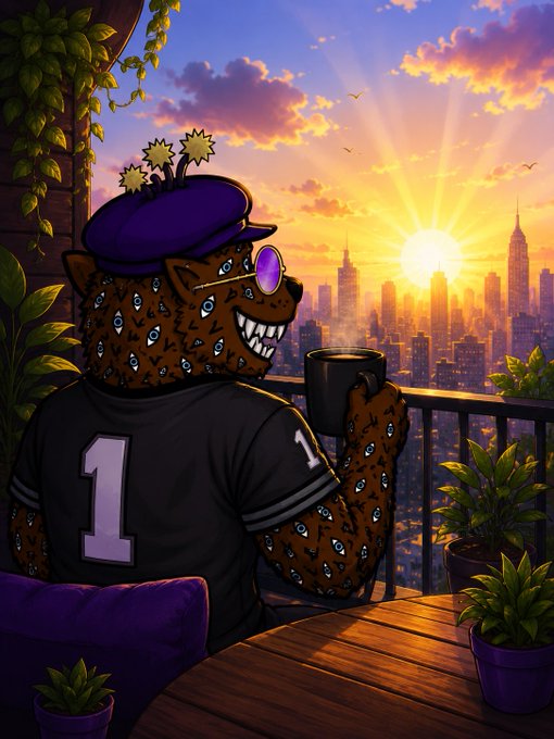 An animated character wearing a jersey with the number "1" sips coffee while watching a vibrant sunrise over a city skyline, capturing the calm morning energy reflected in the post's "Good Morning" message despite the markets being red.
