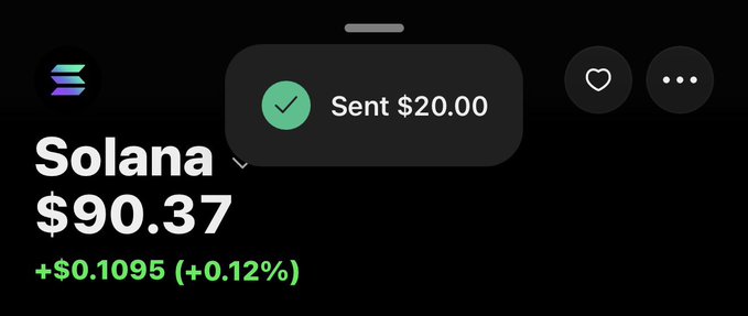 The image shows a Robinhood screenshot displaying a successful "$20.00" sent transaction notification over a Solana (SOL) position priced at $90.37 (+$0.1095, +0.12%), visually backing up the post's call for address drops, likely for sending SOL tips or payments.