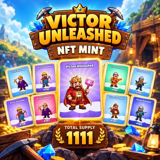 The image is a promotional graphic for the "Victor Unleashed NFT Mint" collection, showcasing nine sample trading card-style NFTs of uniquely designed miner characters (numbered #103–#111) against a mining-themed backdrop, with text highlighting the "Total Supply 1111" to match the post's announcement of the 1,111 unique NFTs in Victor's Company's genesis collection.