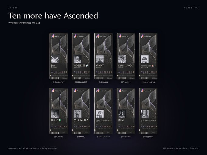 A digital card display titled 'Ten more have Ascended' featuring ten 'Ascend' cards with names like JAY, NOBLESSE, and VINNY, each marked 'ASCENDED'.