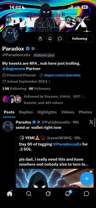 A Twitter/X profile screenshot for 'Paradox' (@Paradoxcalls) showing 1.8K Following and 6K Followers, with a post stating 'My tweets are NFA, nub here just trolling' and a tagged tweet asking for wallet funds.