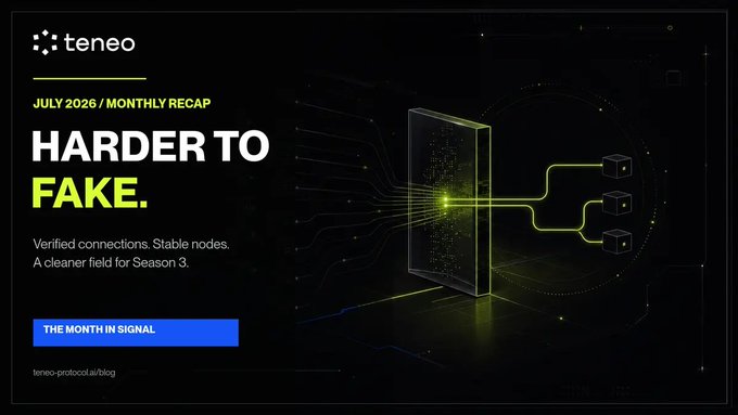 The image is a Teneo promotional graphic titled "HARDER TO FAKE" with the subtitle "JULY 2026 / MONTHLY RECAP," featuring the tagline "Verified connections. Stable nodes. A cleaner field for Season 3" alongside a "THE MONTH IN SIGNAL" button. It ties to the post by visually summarizing Teneo's July updates, including the close of Season 2 with 706 verified winners, the launch of Season 3 with per-node verification to block bots, and the Beacon v0.4.7 patch addressing Android crash issues.