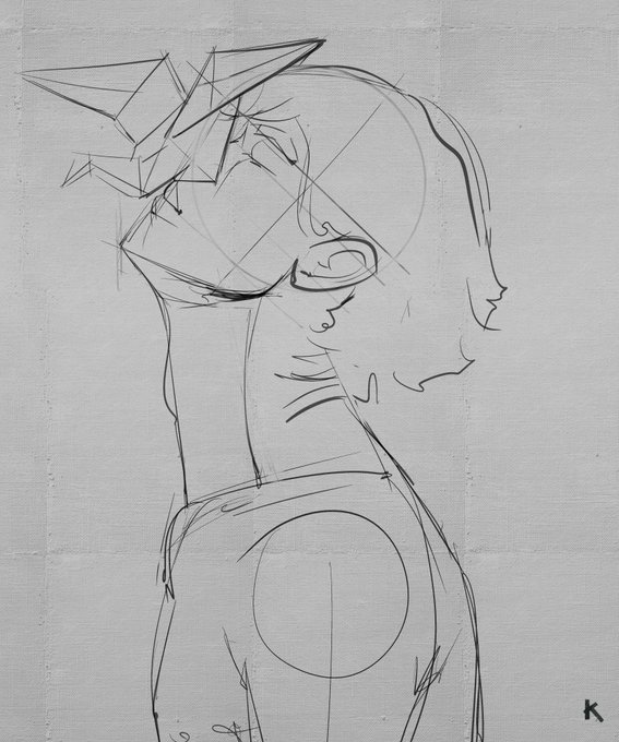 A preliminary pencil sketch showing the profile of an anime-style character with spiky hair, with construction lines for the body and shoulder visible.