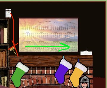 A digital illustration features a 2019 calendar hanging above a brick fireplace with three colorful stockings (green, purple, and yellow), accompanied by red and green arrows indicating a sharp price drop followed by an upward surge. The post's text about XRP's price falling before rising through September aligns with the visual metaphor of the calendar timeline and the directional arrows pointing toward a positive "green grass" outcome.