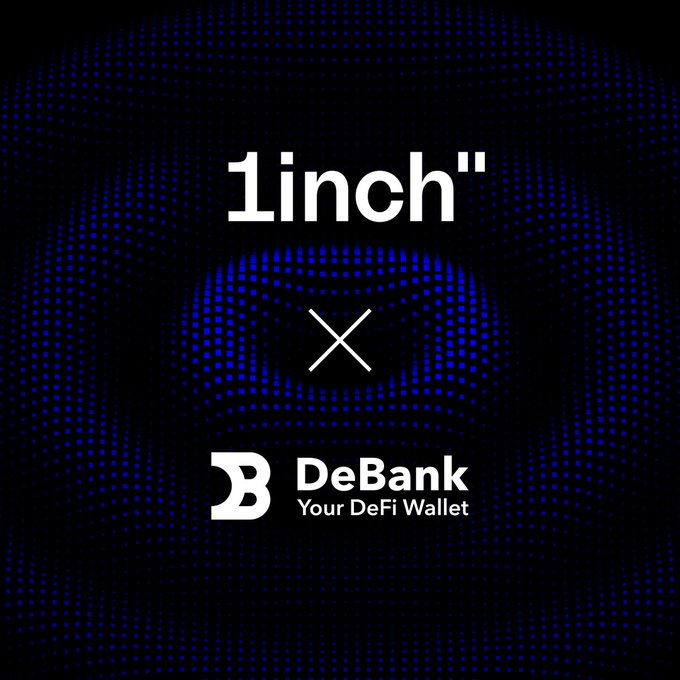 A dark blue digital graphic featuring the "1inch" logo above an "X" and the "DeBank - Your DeFi Wallet" branding, announcing the verified 1inch profile on DeBank as highlighted in the accompanying text.
