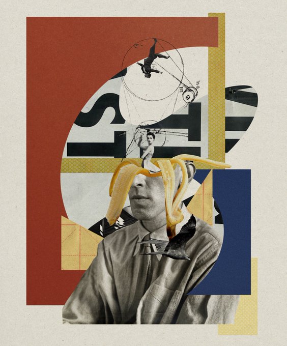 A surrealist collage featuring a black-and-white photograph of a man in a suit with a banana peel covering his eyes, surrounded by geometric shapes and smaller figures with the numbers '370' and '155' visible.