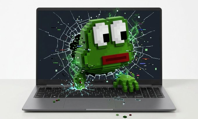 A 3D-rendered green voxel-style zombie character bursting through the shattered screen of a laptop.