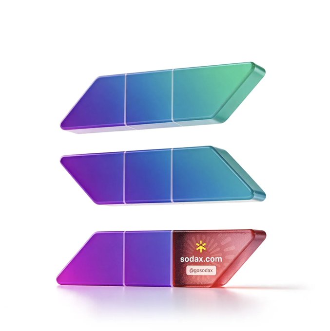 Promotional image showing three angled, arrow-shaped objects with gradient color segments (purple to teal, purple to blue, and purple to red) along with the branding 'sodax.com' and '@gosodax'.