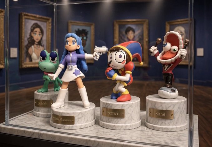 A display case containing figurines of the characters Ribbit, Oddie/Rainbow, Pommi, and Kane from the video game 'The Amazing World of Gumball'.