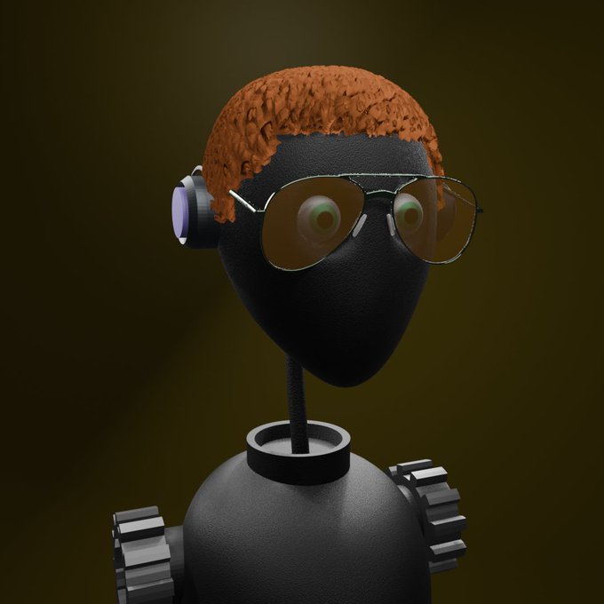 A 3D rendered character with a black mannequin-style head, textured orange hair, aviator sunglasses, and gear-shaped shoulder joints against a dark olive background.