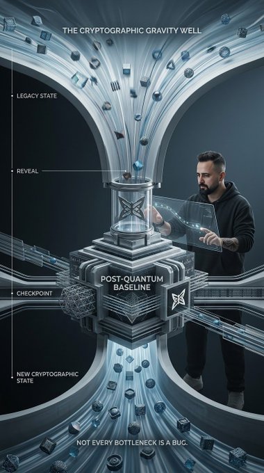 A digital illustration titled 'THE CRYPTOGRAPHIC GRAVITY WELL' showing a man at a computer interface with an hourglass-like structure flowing from 'LEGACY STATE' through 'REVEAL,' 'CHECKPOINT,' and 'POST-QUANTUM BASELINE' down to 'NEW CRYPTOGRAPHIC STATE,' with the tagline 'NOT EVERY BOTTLENECK IS A BUG.'