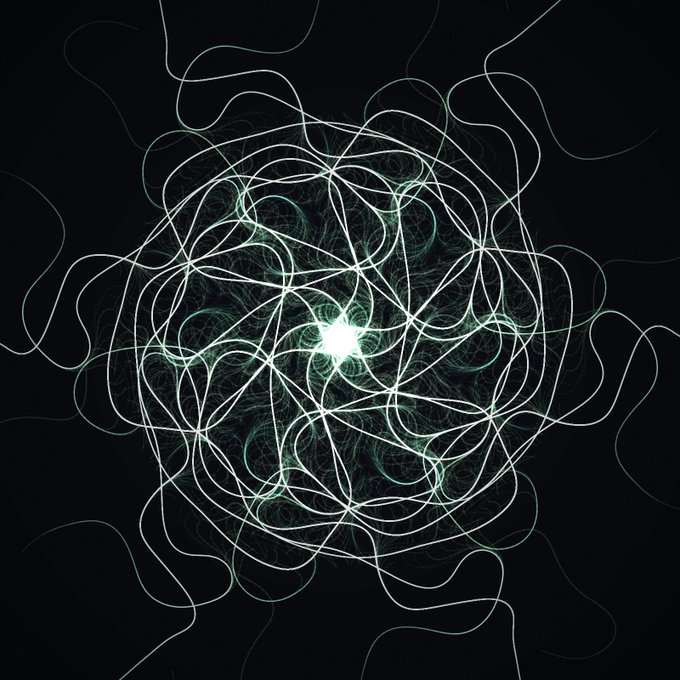 An abstract digital artwork showing swirling white and green light trails converging toward a bright central point against a black background.