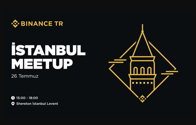 A Binance TR promotional graphic for an Istanbul Meetup scheduled for July 26 ("26 Temmuz") from 15:00-18:00 at the Shereton Istanbul Levent hotel, featuring the Binance logo and a gold line-art illustration of the Galata Tower on a black background.