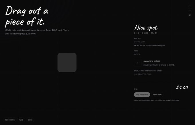 A dark-themed website interface titled 'Drag out a piece of it' showing a purchase summary for '1 x 1 cell - 30.64' under the name 'Acme' with a total of $1.00.