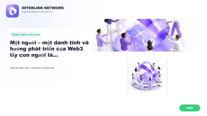 A webpage header for 'INTERLINK NETWORK' with the tagline 'HUMAN NETWORK IN THE AGE OF AI,' featuring Vietnamese text 'DANH TÍNH & XÁC MINH' and 'Một người - một danh tính và hướng phát triển của Web3 lấy con người là...' alongside illustrations of people in purple and white attire interacting with large rings.