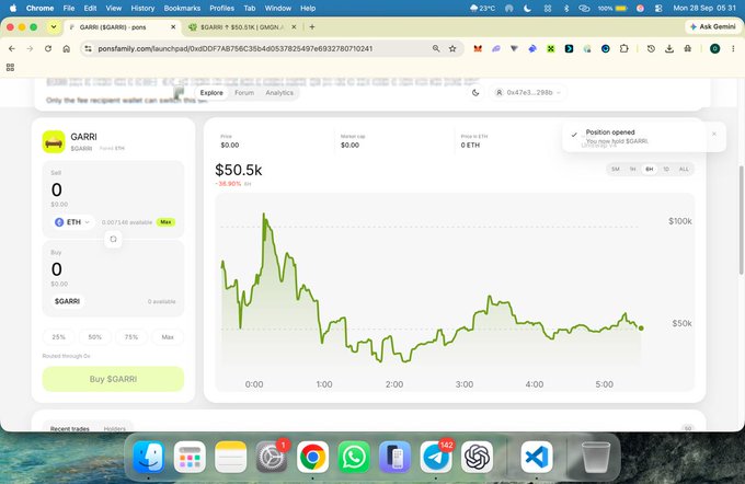 A screenshot of the Pontem Wallet showing the $GARRI memecoin market cap at $50.5k, down 35.56%, with a price chart spanning from launch (0:00) to 5 hours (5:00).