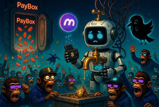 A vibrant, chaotic illustration featuring a robot pouring golden tokens from a tap while a crowd of screaming monkey characters in sunglasses react wildly; a 'PayBox' machine drips red coins and a Twitter bird looks on.