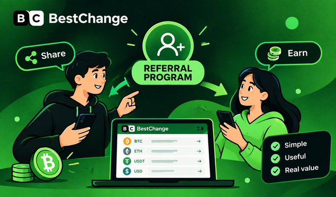 The image shows a BestChange Referral Program illustration featuring a man on the left holding a phone labeled "Share" with Bitcoin coins beside him, and a woman on the right labeled "Earn" with a phone, both pointing to a central "REFERRAL PROGRAM" icon and a laptop displaying BTC, ETH, USDT, and USD currency listings. The graphic emphasizes that the program is "Simple, Useful, Real value," aligning with the post's message that the easiest crypto products to promote are those that naturally solve real problems without feeling salesy.