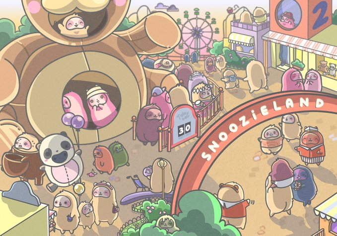 A colorful cartoon illustration of a 'SNOOZIETOWN' amusement park featuring various cute characters including pandas, sloths, and other creatures enjoying attractions like a Ferris wheel and a large teddy bear structure.