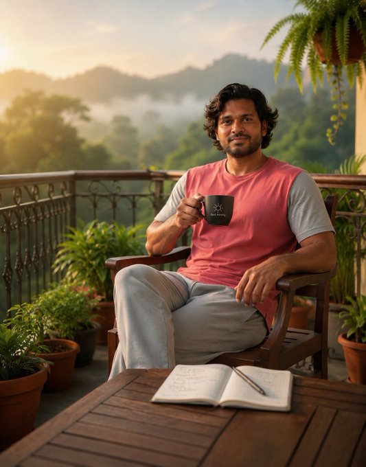 A man sits relaxed on a balcony at sunrise, holding a black mug with a sun logo that reads "Good Morning," with an open journal and pen on the table before him, mirroring the post's message about the calm, disciplined mindset—rather than constant prediction—that real crypto trading demands.