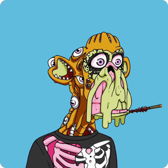 A grotesque, cartoon-style NFT character with multiple eyes, a melting face dripping green ooze, and exposed teeth, wearing a black shirt with a ribcage design against a teal background.