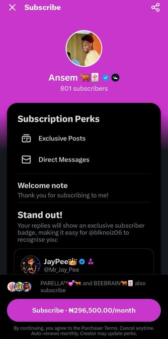 The image shows a mobile subscription page for "Ansem" (@blknoiz06) with 801 subscribers, advertising exclusive perks and direct messages for ₦296,500.00/month, directly illustrating the post's discussion about the founder's drastic price hike from ₦4,000 to ₦296,500.
