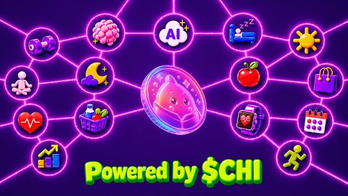 A vibrant purple promotional graphic featuring a network of icons representing health, sleep, AI, fitness, and more, centered around a cute character in a coin, with the text 'Powered by $CHI' displayed at the bottom.